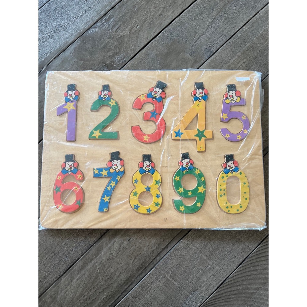 Vintage Wooden Clown Number Puzzle 0-9 Educational Learning Toy Peg Puzzle